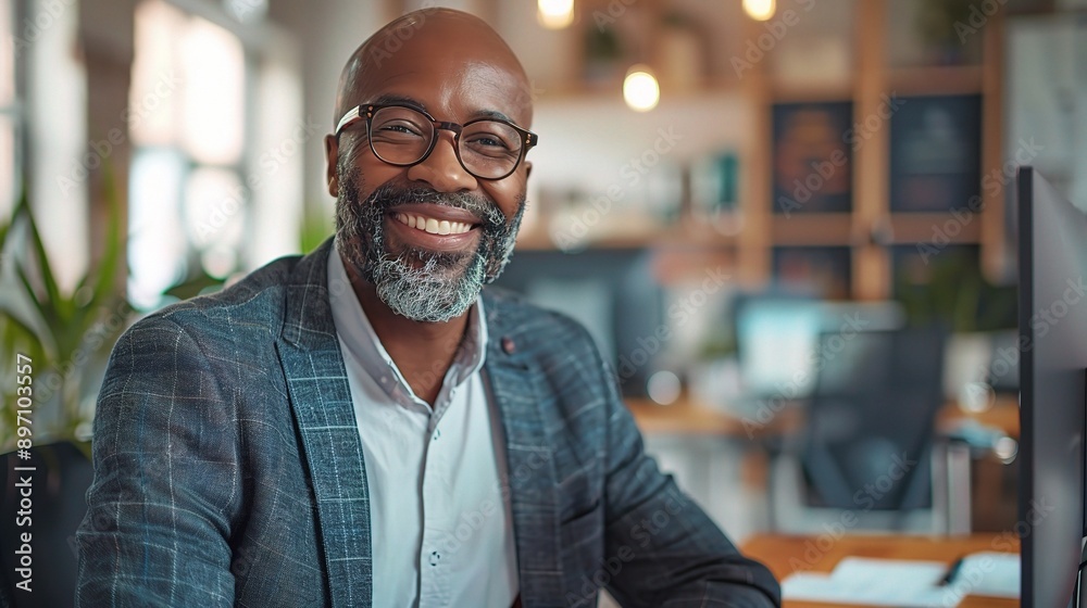 Naklejka premium Confident and Successful: A charismatic, mature businessman exudes confidence and success in his professional environment, radiating positivity and leadership in the workplace.