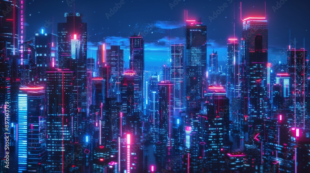 Neon-lit cyberpunk cityscape with towering skyscrapers Neon-lit cyberpunk cityscape with towering skyscrapers