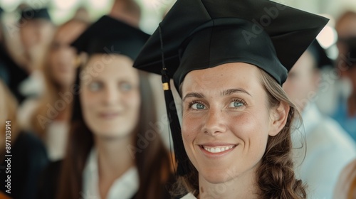 Graduation Day: A young woman's face beams with pride and accomplishment as she proudly wears her graduation cap and gown, a symbol of her hard work and dedication.