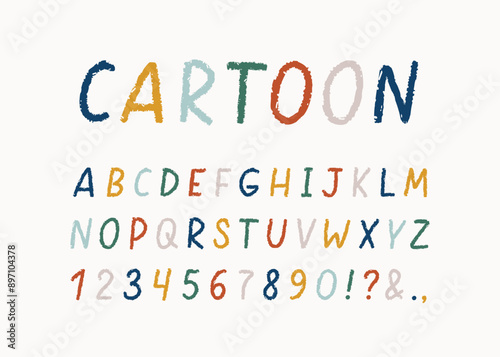 Cartoon colorful hand drawn English alphabet isolated on white background. Childish lettering script. Cute font. Numbers and letters calligraphy. Vector illustration