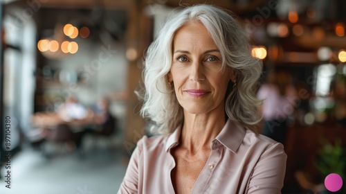 Confident mature woman with gray hair standing in a modern cafe, embodying elegance and sophistication.