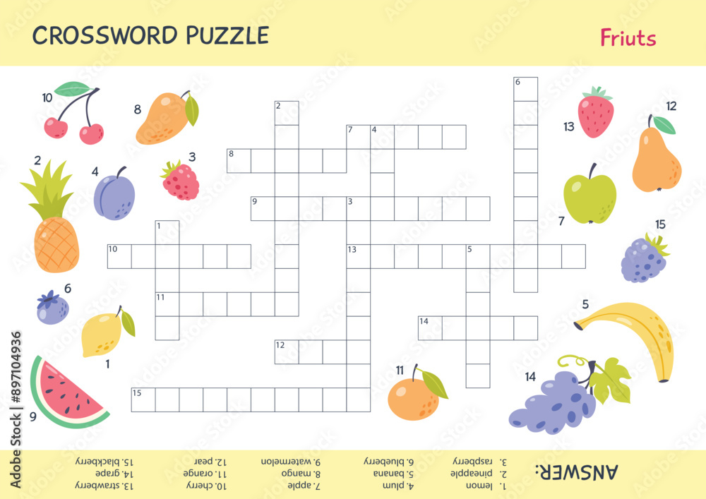 Crossword puzzle for kids with fruits. Printable sheet with quiz ...