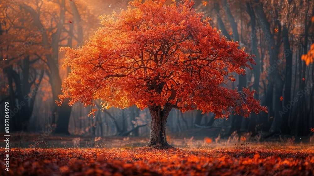 Fototapeta premium The vibrant autumn tree stands out in the sunlit forest, shining with colorful brilliance