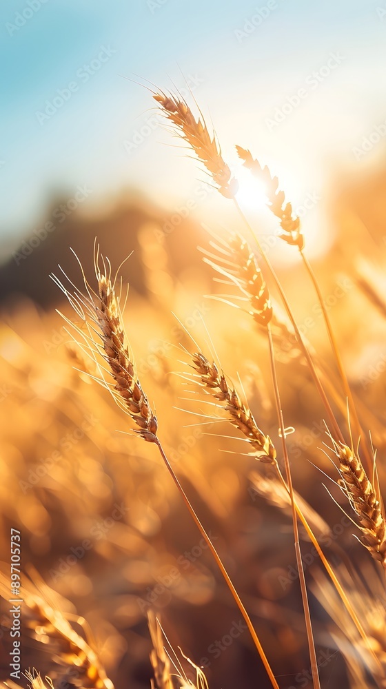 Golden wheat field background with bokeh and sunlight, summer concept of harvest season Golden wheat field background with bokeh and sunlight, summer concept of harvest season