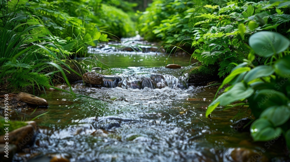 In the serene forest, a gentle stream meanders through vibrant green foliage, creating a peaceful scene