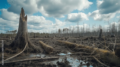 A forest with dead and dying trees, suffering from an infestation caused by climate change, affecting biodiversity. photo