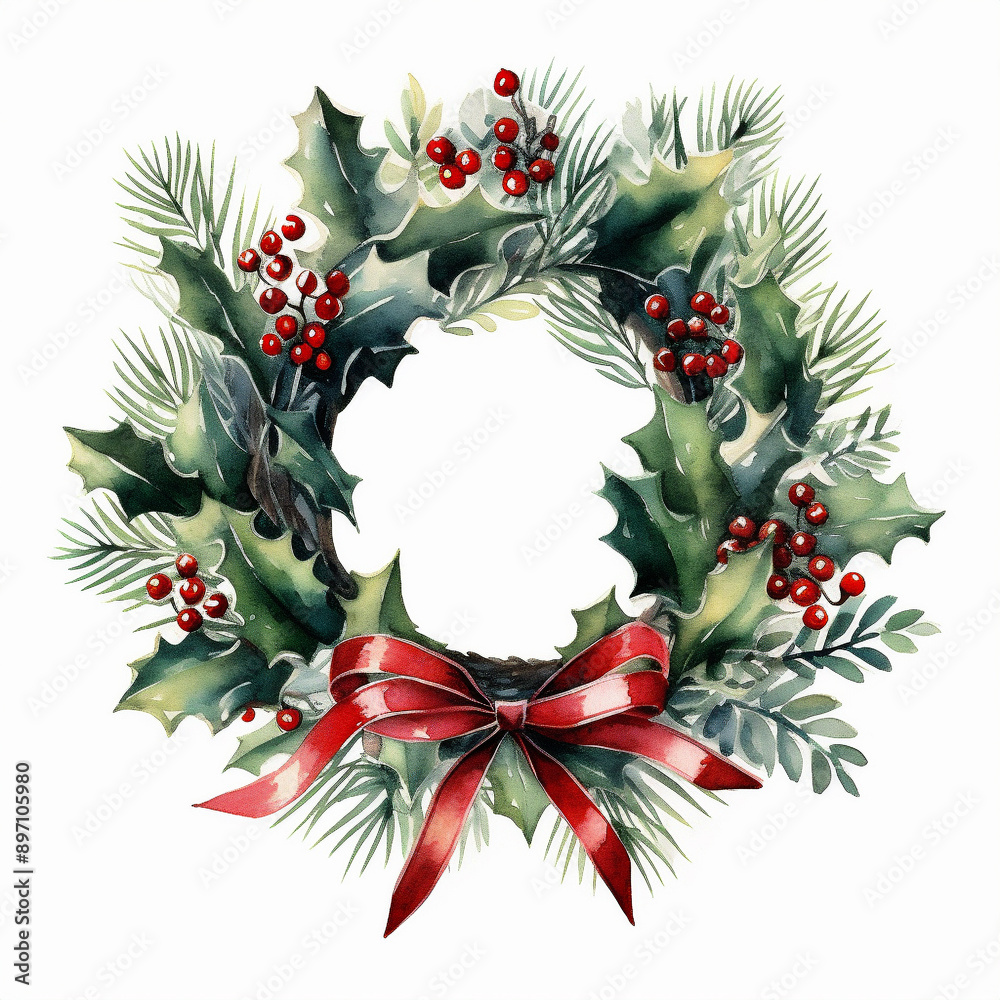 Naklejka premium Watercolor Christmas wreath with holly berries, fir branches and red ribbon isolated on white background