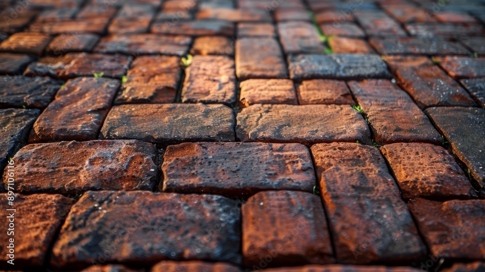 The detailed image shows a brick pathway with lush green grass flourishing between each individual stone The detailed image shows a brick pathway with lush green grass flourishing between each individual stone