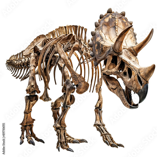 Triceratops skeleton on transparent background. Paleontology and dinosaur concept. 3D digital illustration for set, collection, education, museum, aid, banner photo