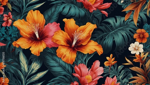 Exotic floral wallpaper design for summer, colorful background illustration. High contrast