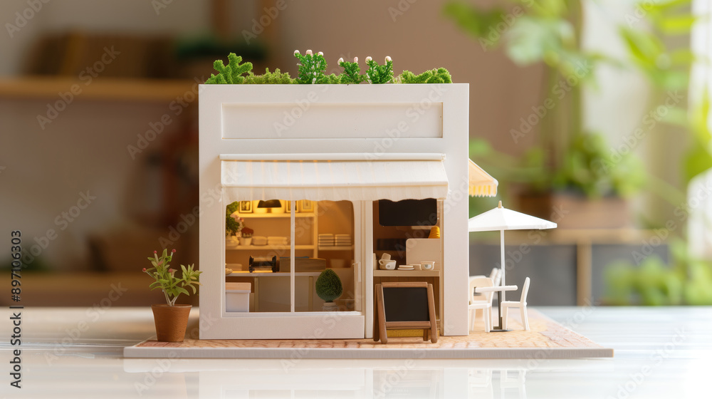 Miniature Model of White Cafe with Outdoor Seating Miniature Model of White Cafe with Outdoor Seating