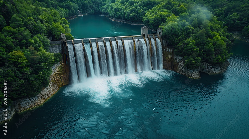 Hydroelectric Dam with Powerful Water Flow. Close-up aerial view of a hydroelectric dam with a powerful flow of water cascading down, surrounded by lush green forest. Hydroelectric Dam with Powerful Water Flow. Close-up aerial view of a hydroelectric dam with a powerful flow of water cascading down, surrounded by lush green forest.