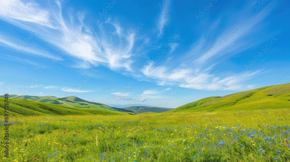 idyllic summer meadow with rolling hills of vibrant green grass dotted with wildflowers under a crystalclear azure sky with wispy clouds idyllic summer meadow with rolling hills of vibrant green grass dotted with wildflowers under a crystalclear azure sky with wispy clouds