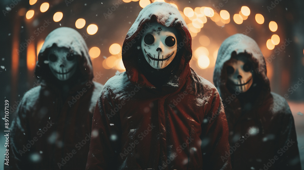 Halloween concept. People in death costume standing in the street at night under snowfall.