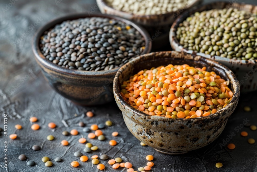 Four rustic bowls overflowing with different colored dried lentils on textured dark background Four rustic bowls overflowing with different colored dried lentils on textured dark background