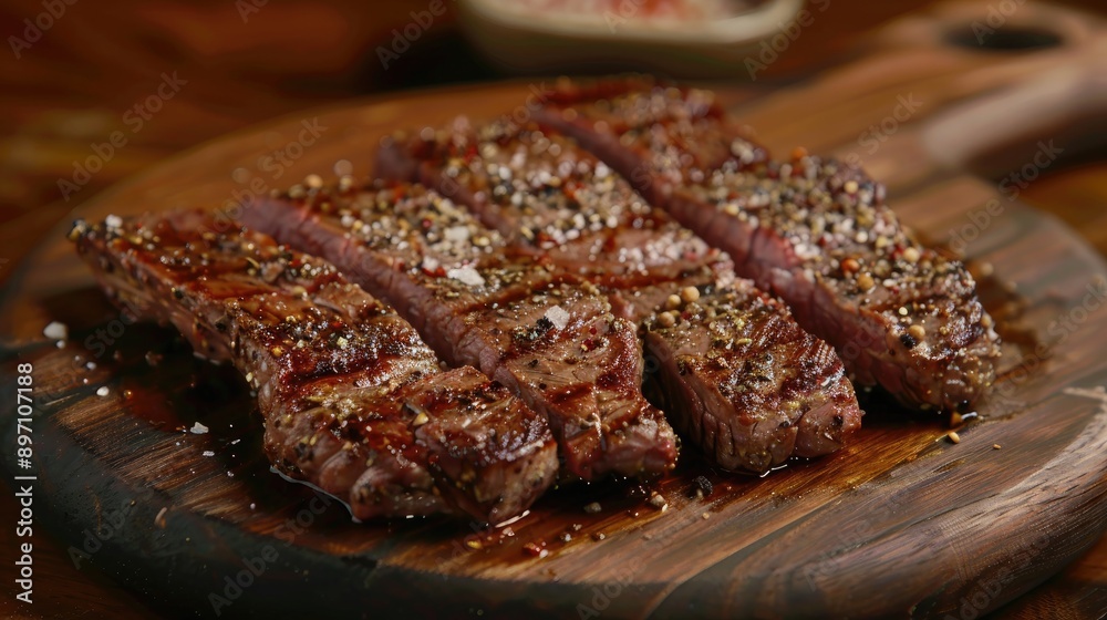 Grilled wagyu rib eye steaks with seasoning on a wooden board with space for text Grilled wagyu rib eye steaks with seasoning on a wooden board with space for text