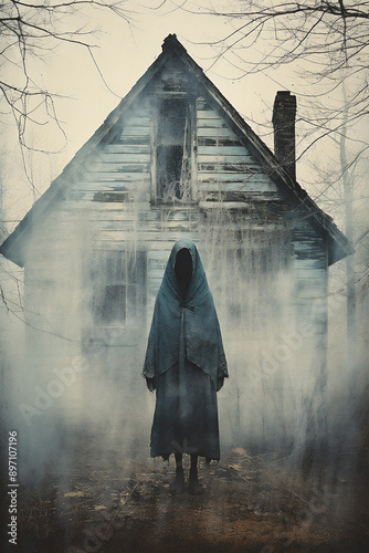 Mysterious woman standing in the doorway of an old abandoned house