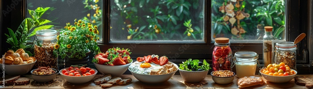 Healthy breakfast spread on a wooden table photorealistic natural light rustic charm Healthy breakfast spread on a wooden table photorealistic natural light rustic charm