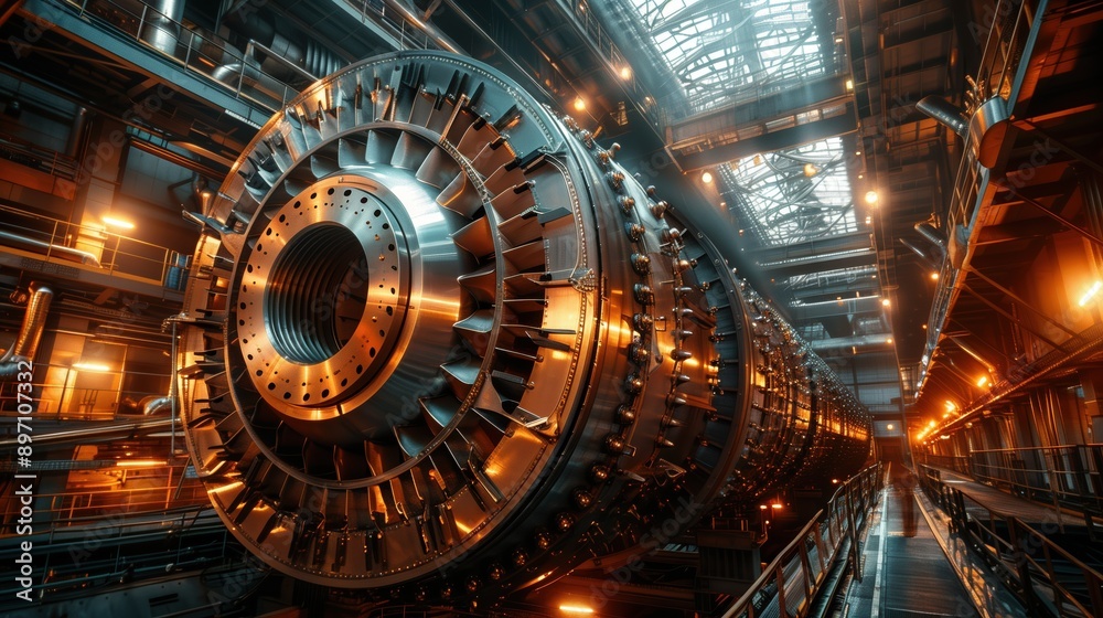 Fototapeta premium Industrial Machinery in Hydroelectric Plant. Detailed view of industrial machinery in a hydroelectric plant, emphasizing the complexity and scale of the equipment used for energy generation.