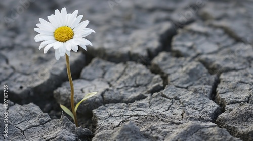 Lone white daisy emerges from cracked gray ground image copy space, ai generated