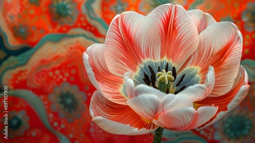 An exquisite closeup image capturing the vibrant colors of a red and white turkestan tulip in full bloom photo