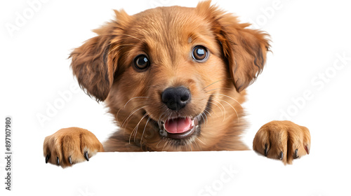 Puppy dog holding blank banner isolated on transparent background photo