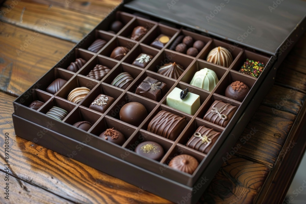 Open box of gourmet chocolates is sitting on a wooden table, showcasing a variety of delicious treats Open box of gourmet chocolates is sitting on a wooden table, showcasing a variety of delicious treats