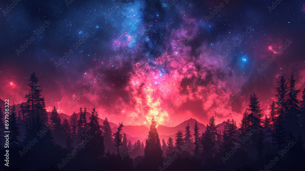 Forest silhouetted against a vibrant starry sky Forest silhouetted against a vibrant starry sky