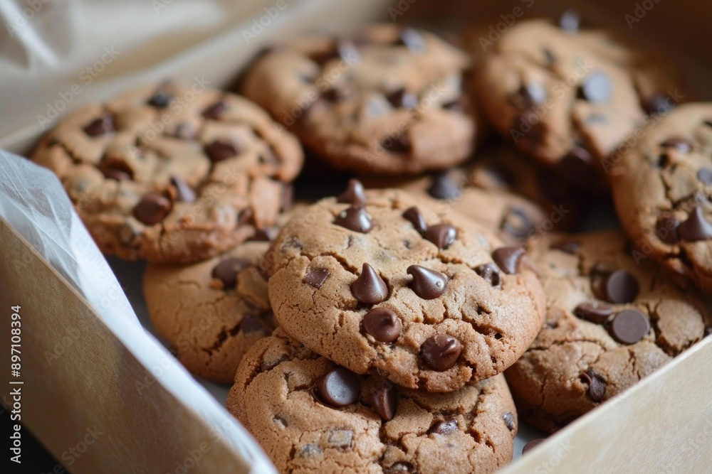 Delicious chocolate chip cookies cooling on parchment paper in a box Delicious chocolate chip cookies cooling on parchment paper in a box