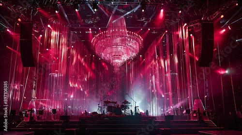Concert stage with a gigantic, rotating crystal chandelier