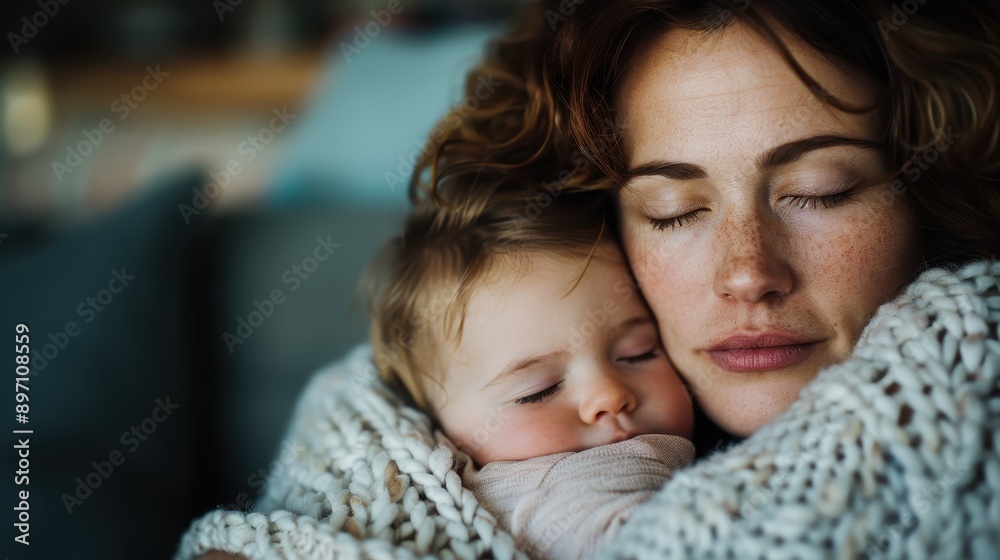 A heartwarming image of a mother and baby sleeping peacefully together, wrapped in cozy blankets, portraying a loving and secure bond in a serene environment.