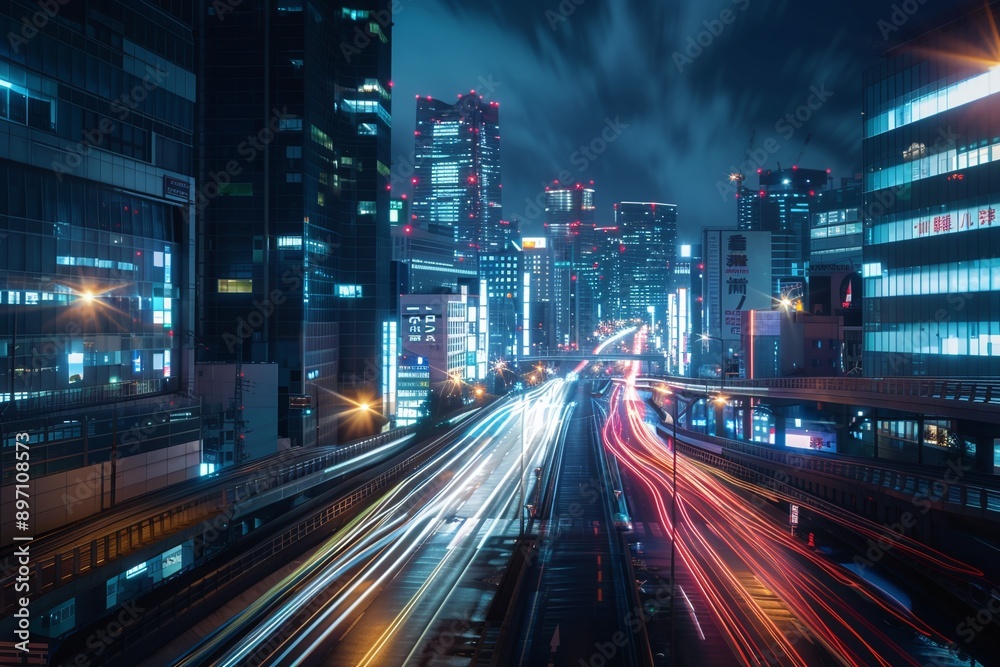 Fototapeta premium ai generative night city timelapse at high speed