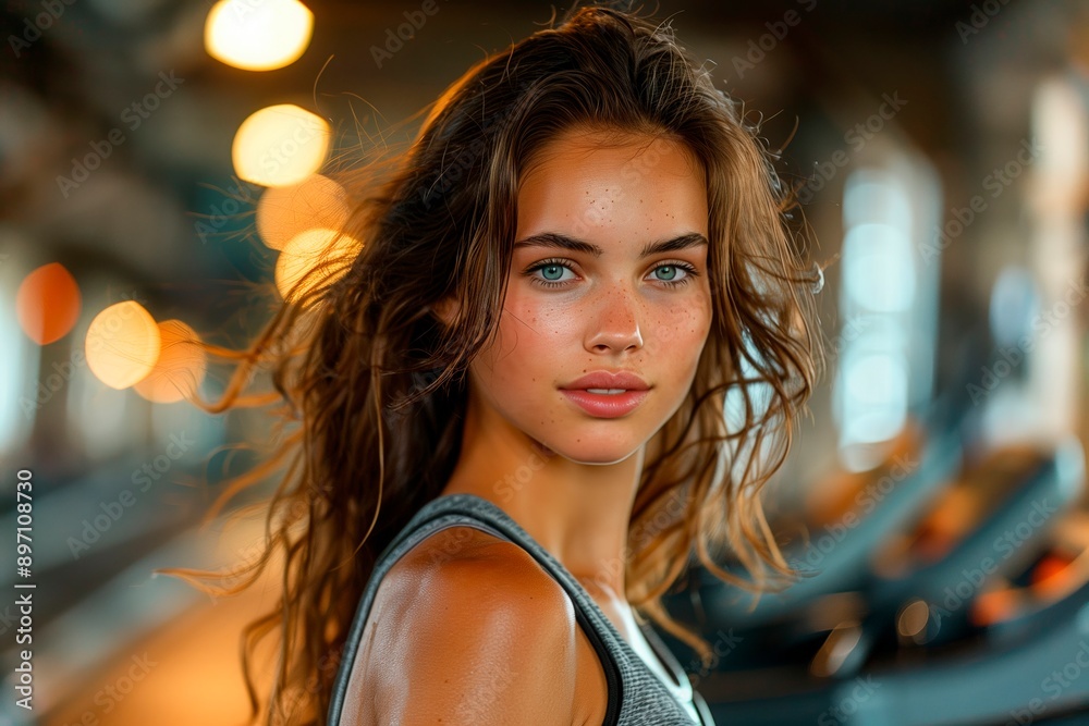Woman With Wavy Hair Looking At Camera While Working Out At Gym, copy space for text, gym web advertising Woman With Wavy Hair Looking At Camera While Working Out At Gym, copy space for text, gym web advertising