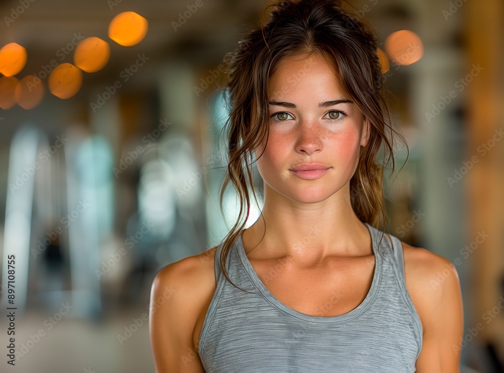 Obraz premium Woman With Long Brown Hair Wearing Grey Tank Top in a Fitness Studio, copy space for text, image for gym advertising