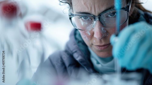 In this close-up image, a scientist is deeply focused on conducting research in a laboratory, surrounded by scientific equipment including test tubes and beakers.