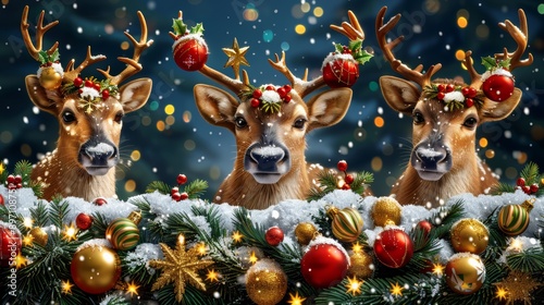 Fototapeta Naklejka Na Ścianę i Meble -  Reindeers in a winter wonderland  snowy christmas forest with snow covered fir trees