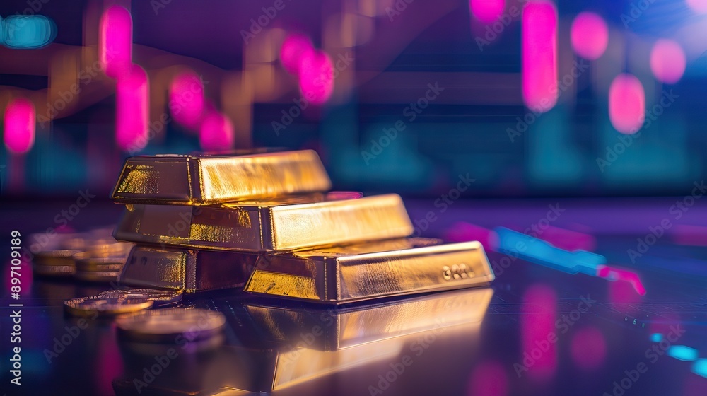 stack of shiny gold bars on down trend financial gold price graph ,concept of economy crash and financial crisis, 3d illustration. AI generated illustration stack of shiny gold bars on down trend financial gold price graph ,concept of economy crash and financial crisis, 3d illustration. AI generated illustration
