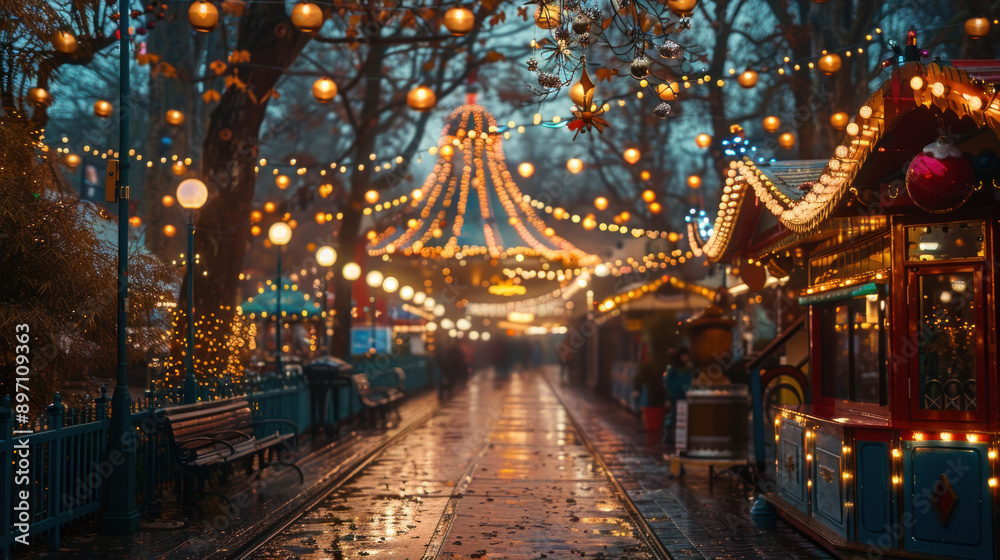 Obraz premium A vibrant local carnival with colorful lights and festive decorations.