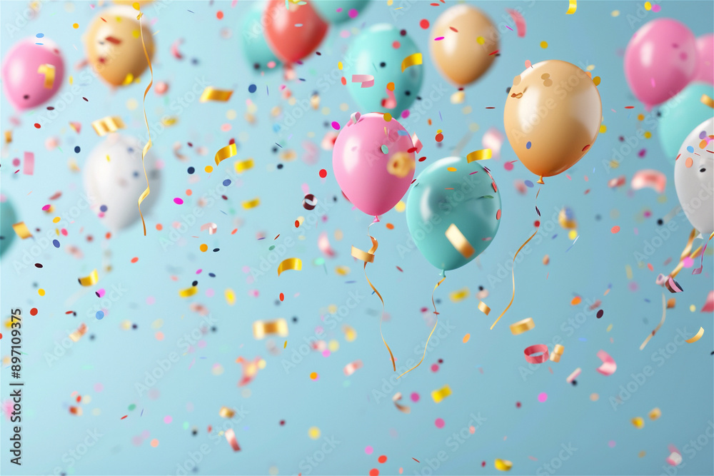 Colorful balloons floating with confetti on a blue background, celebrating a party, birthday, or special occasion Colorful balloons floating with confetti on a blue background, celebrating a party, birthday, or special occasion