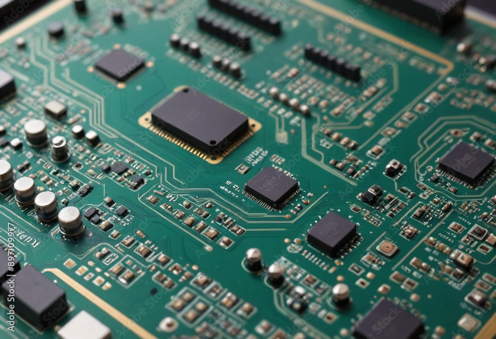 A close-up shot of a circuit board with intricate components (Technology). A close-up shot of a circuit board with intricate components (Technology).
