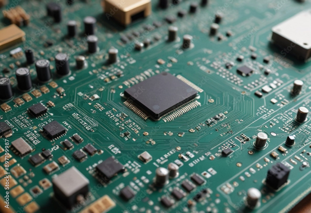 A close-up shot of a circuit board with intricate components (Technology). A close-up shot of a circuit board with intricate components (Technology).