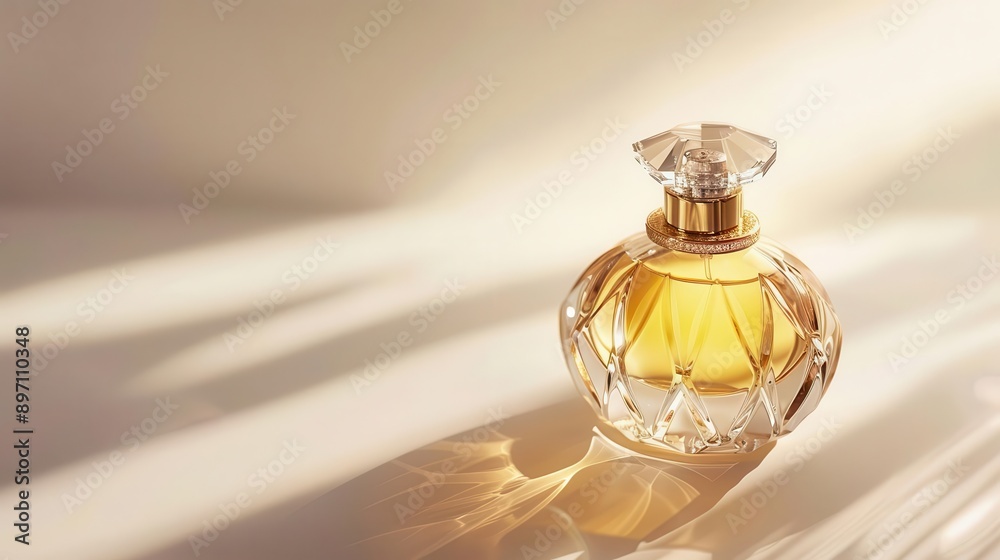 luxury fragrance still life elegant gold glass perfume bottle on white backdrop soft lighting creates subtle shadows and highlights minimalist composition emphasizes sophistication and exclusivity
