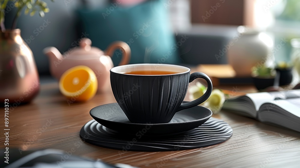 A steaming cup of black tea elegantly rests on a sleek modern saucer against the backdrop of a rustic wooden table A steaming cup of black tea elegantly rests on a sleek modern saucer against the backdrop of a rustic wooden table
