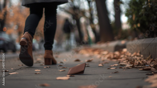A woman dropping a lost wallet at her feet concept