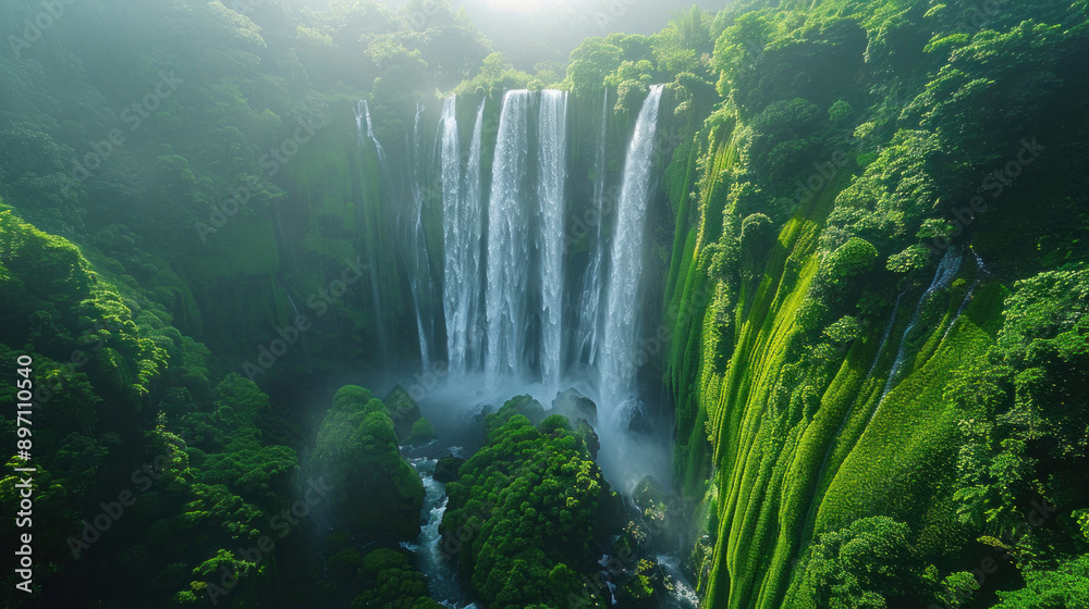 A waterfall surrounded by lush greenery and adventurous travelers. A waterfall surrounded by lush greenery and adventurous travelers.
