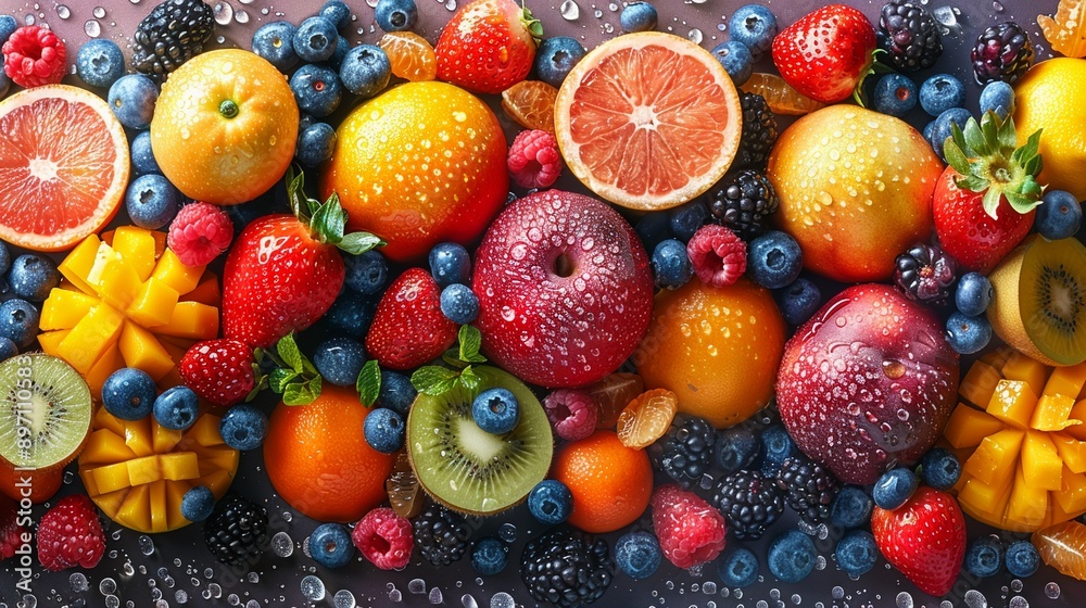 Tropical fruit salad with vibrant colors surrealism bright hues whimsical background Tropical fruit salad with vibrant colors surrealism bright hues whimsical background