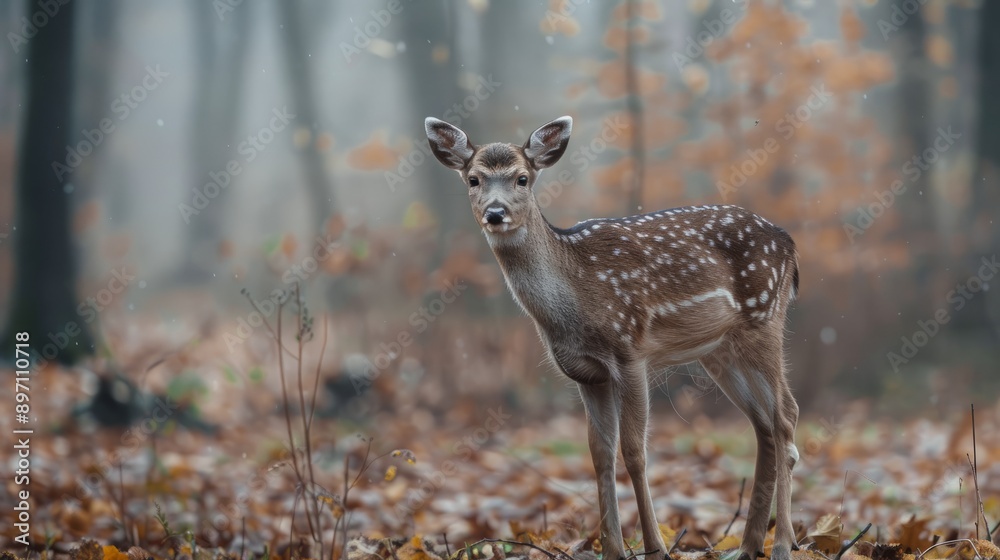 In the peaceful autumn forest, a graceful fawn stands among the colorful foliage In the peaceful autumn forest, a graceful fawn stands among the colorful foliage