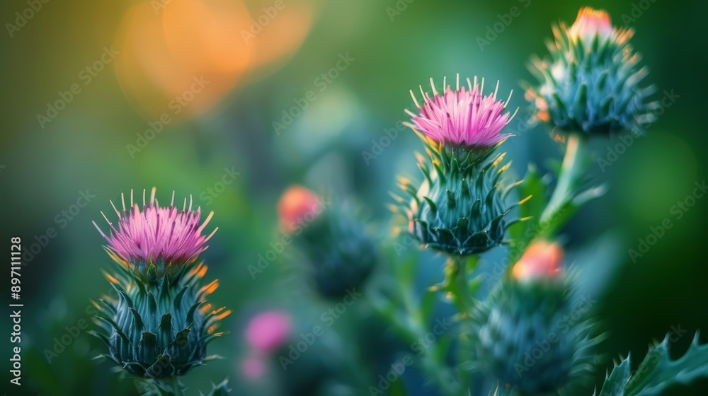 A detailed view of prickly plumeless thistle buds starting to bloom beautifully in a vast field