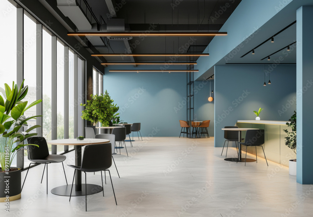 Empty office, plants and workspace interior with chair, room or desk for business at startup company. Floor, table and workplace with modern design of furniture, lights or wall decoration with window Empty office, plants and workspace interior with chair, room or desk for business at startup company. Floor, table and workplace with modern design of furniture, lights or wall decoration with window