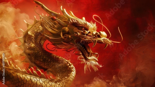 majestic golden chinese dragon sculpture with intricate scales and fierce expression coiling through misty clouds against a deep red background ornate details highlighting traditional craftsmanship photo